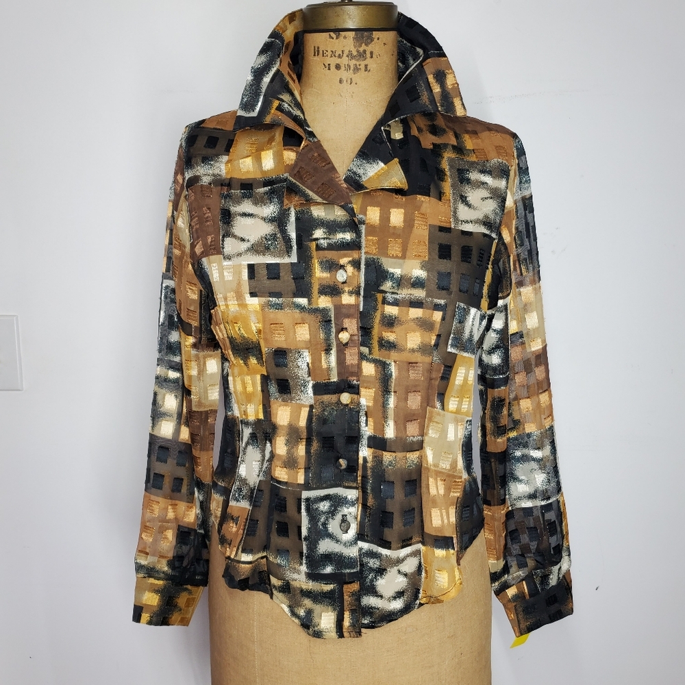 Hot Stuff Size M NEW Blouse Vintage Button Down Black Copper Sheer Abstract USA